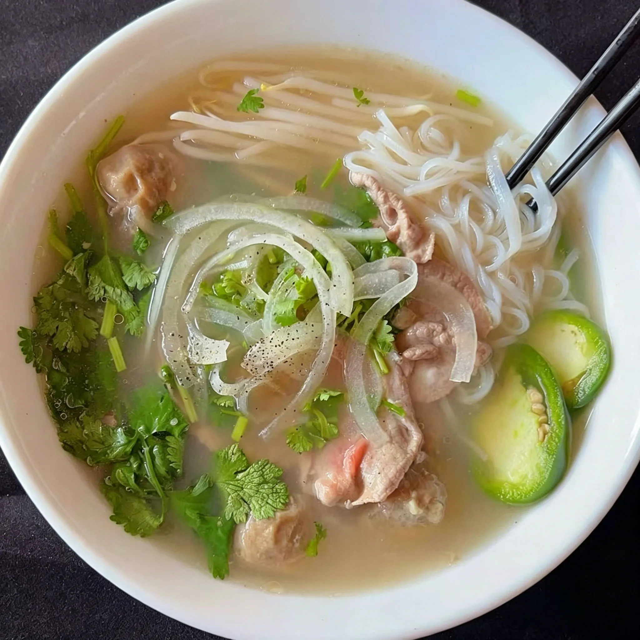 Combination beef meatball pho rice noodles jalapeno cilantro onion clear broth bowl at Su's Asian Street Kitchen, an Asian Fusion Restaurant in Westlake